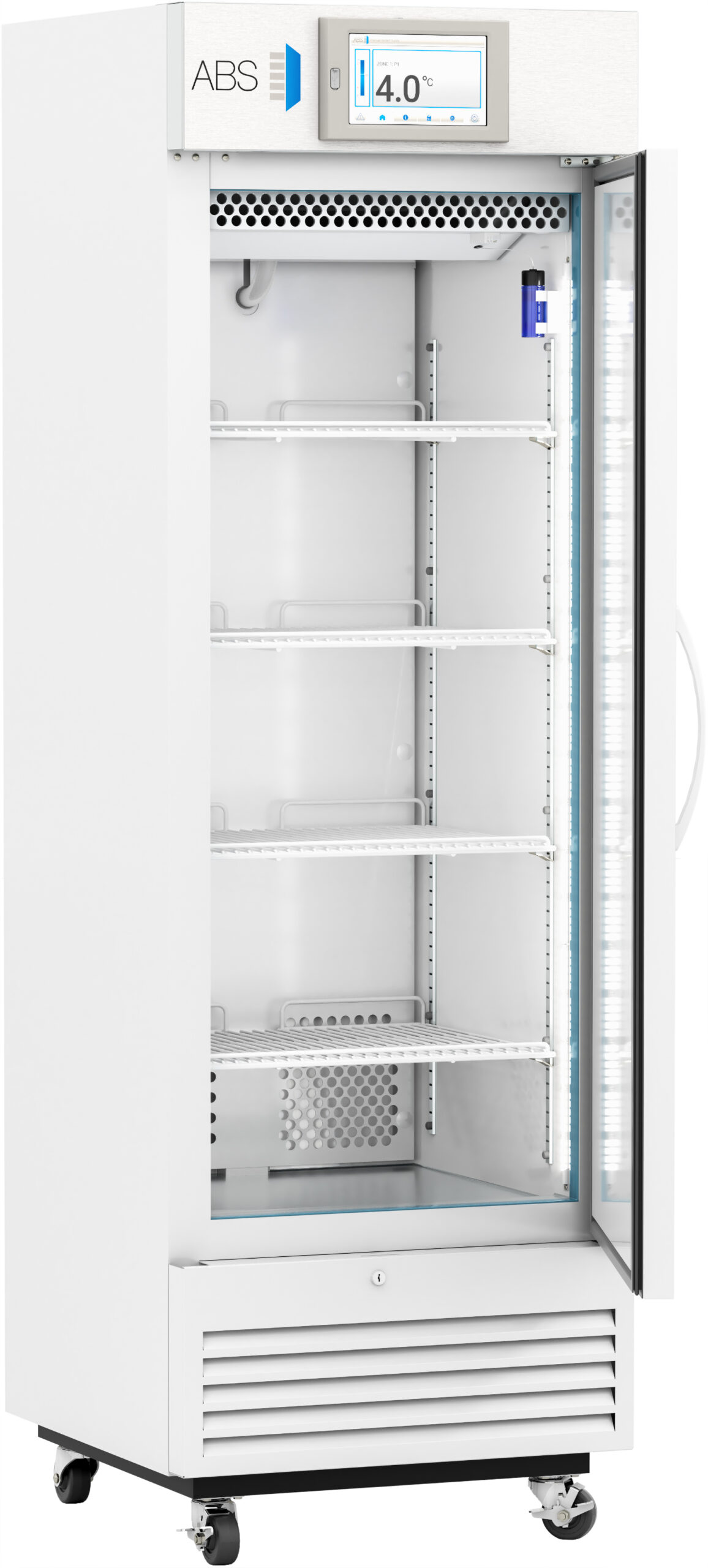 A tall, white laboratory refrigerator with a glass door stands open, revealing five empty wire shelves. A digital display on top shows a temperature of 4.0°C. The unit has wheels and a vent at the bottom, with interior lighting and a visible thermometer inside.