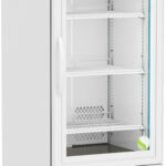 A tall, white laboratory refrigerator with a glass door, digital temperature display, four wire shelves, side handle, ventilation panel at the bottom, and wheels for mobility. The label ABS is on the upper front panel.