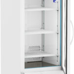 A white medical refrigerator on wheels with a glass door, three adjustable shelves, a digital temperature display showing -41.2°C, and a blue sensor inside. The unit is labeled “ABS” in the top left corner. The refrigerator is empty.