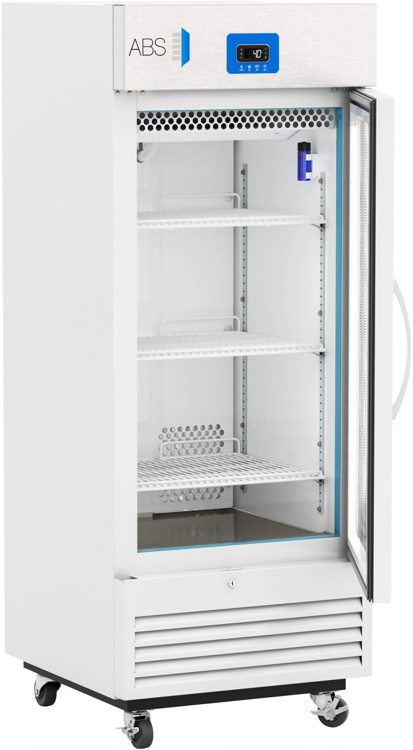 A white medical refrigerator on wheels with a glass door, three adjustable shelves, a digital temperature display showing -41.2°C, and a blue sensor inside. The unit is labeled “ABS” in the top left corner. The refrigerator is empty.