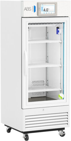 A white laboratory refrigerator with a glass door, digital temperature display showing 4.0°C, three empty shelves, interior lighting, vents at the bottom, and is set on four black caster wheels for mobility. The brand ABS is visible on the top left.