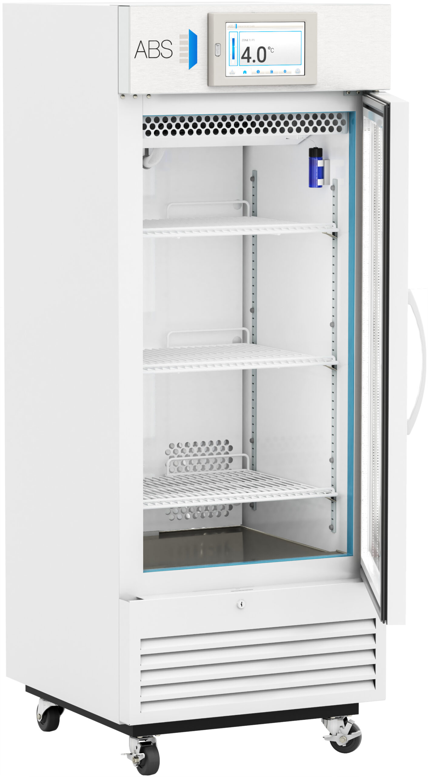 A tall, white medical refrigerator with a glass door stands open, revealing three empty wire shelves inside. The display on top shows a temperature of 4.0°C. The unit is on wheels and features a digital control panel and a blue vial holder attached inside.