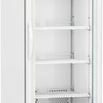 A tall, white laboratory refrigerator with a glass front door, four adjustable metal shelves, a digital temperature display at the top, ventilation slots at the bottom, and four wheels for mobility. The ABS logo is visible on the upper left.