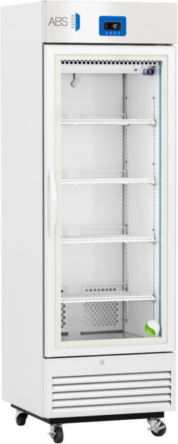 A tall, white laboratory refrigerator with a glass front door, four adjustable metal shelves, a digital temperature display at the top, ventilation slots at the bottom, and four wheels for mobility. The ABS logo is visible on the upper left.