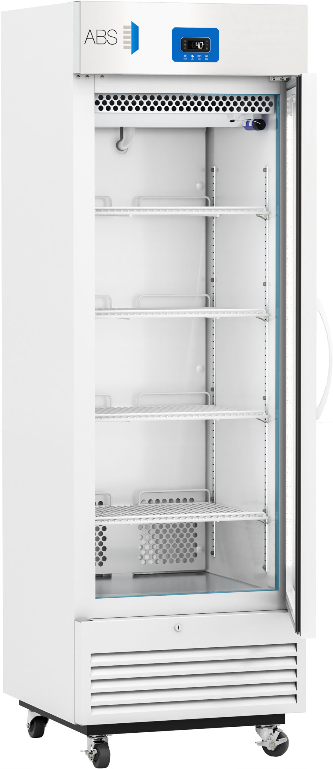 A tall, white laboratory refrigerator with a glass door is open, showing five empty wire shelves inside. The control panel on top displays temperature settings. The unit has vents at the bottom and sits on four caster wheels for mobility.