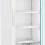A tall, white medical refrigerator with a glass door, digital temperature display reading 4.0°C, four empty wire shelves, and ventilation at the bottom. The unit is on wheels and has a handle on the left side of the door.