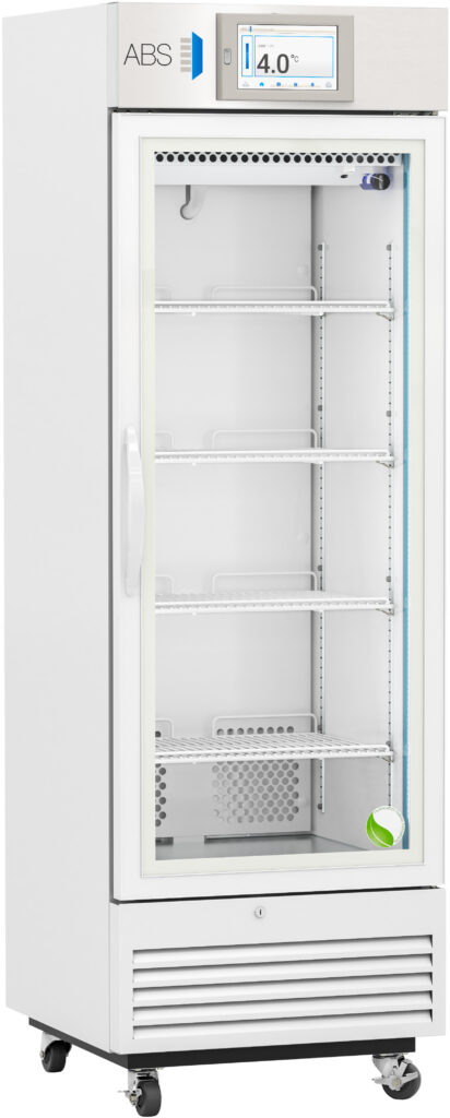 A tall, white medical refrigerator with a glass door, digital temperature display reading 4.0°C, four empty wire shelves, and ventilation at the bottom. The unit is on wheels and has a handle on the left side of the door.