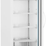 A tall, white, glass-door laboratory refrigerator on wheels with five adjustable wire shelves, a digital temperature display reading 4.0°C, vents at the top and bottom, a side handle, and the door open to show the empty interior.