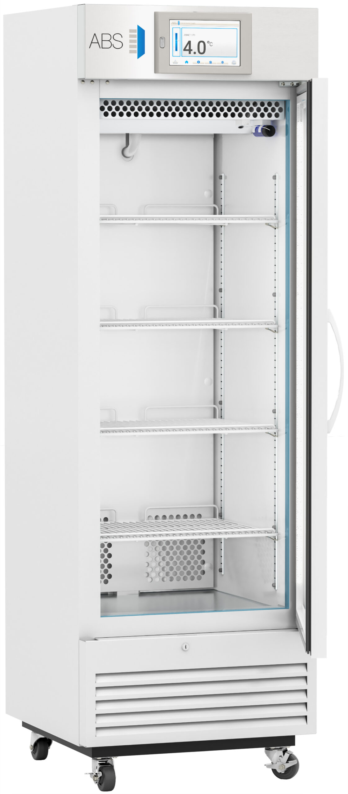 A tall, white, glass-door laboratory refrigerator on wheels with five adjustable wire shelves, a digital temperature display reading 4.0°C, vents at the top and bottom, a side handle, and the door open to show the empty interior.