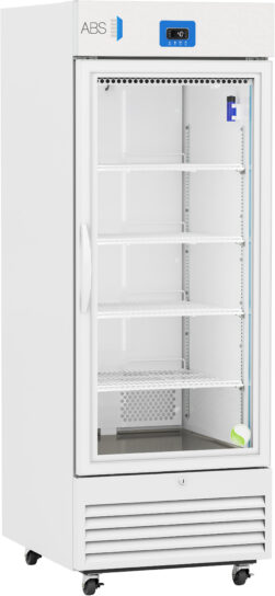 A tall, white laboratory refrigerator with a glass door, five adjustable wire shelves, a digital temperature display at the top, ventilation at the bottom, and wheels for mobility. The interior appears empty and clean, with a blue label inside.