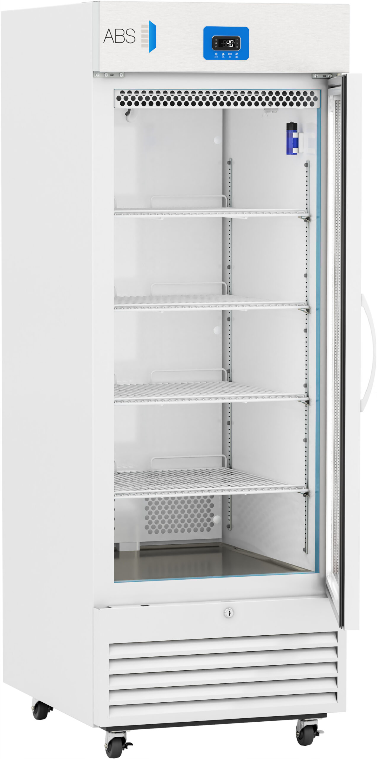 A tall, white laboratory refrigerator with a glass door is open, revealing five adjustable wire shelves inside. The digital temperature display above the door shows 4.0°C. The unit stands on wheels, and the interior appears clean and empty.