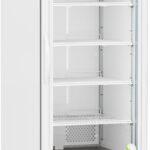 A tall, white laboratory refrigerator with a transparent glass door, five empty wire shelves, a digital display showing 4.0°C, and wheel casters at the bottom for mobility. The ABS logo appears at the top left of the unit.
