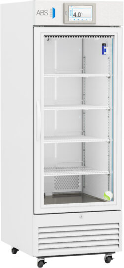 A tall, white laboratory refrigerator with a transparent glass door, five empty wire shelves, a digital display showing 4.0°C, and wheel casters at the bottom for mobility. The ABS logo appears at the top left of the unit.
