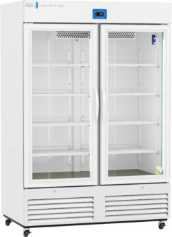 A large, white medical refrigerator with two glass doors, five adjustable shelves per side, a digital control panel on top, and ventilation slots at the bottom; the interior is brightly lit and empty. The unit is on wheels for mobility.