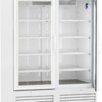 A white refrigerator with glass doors