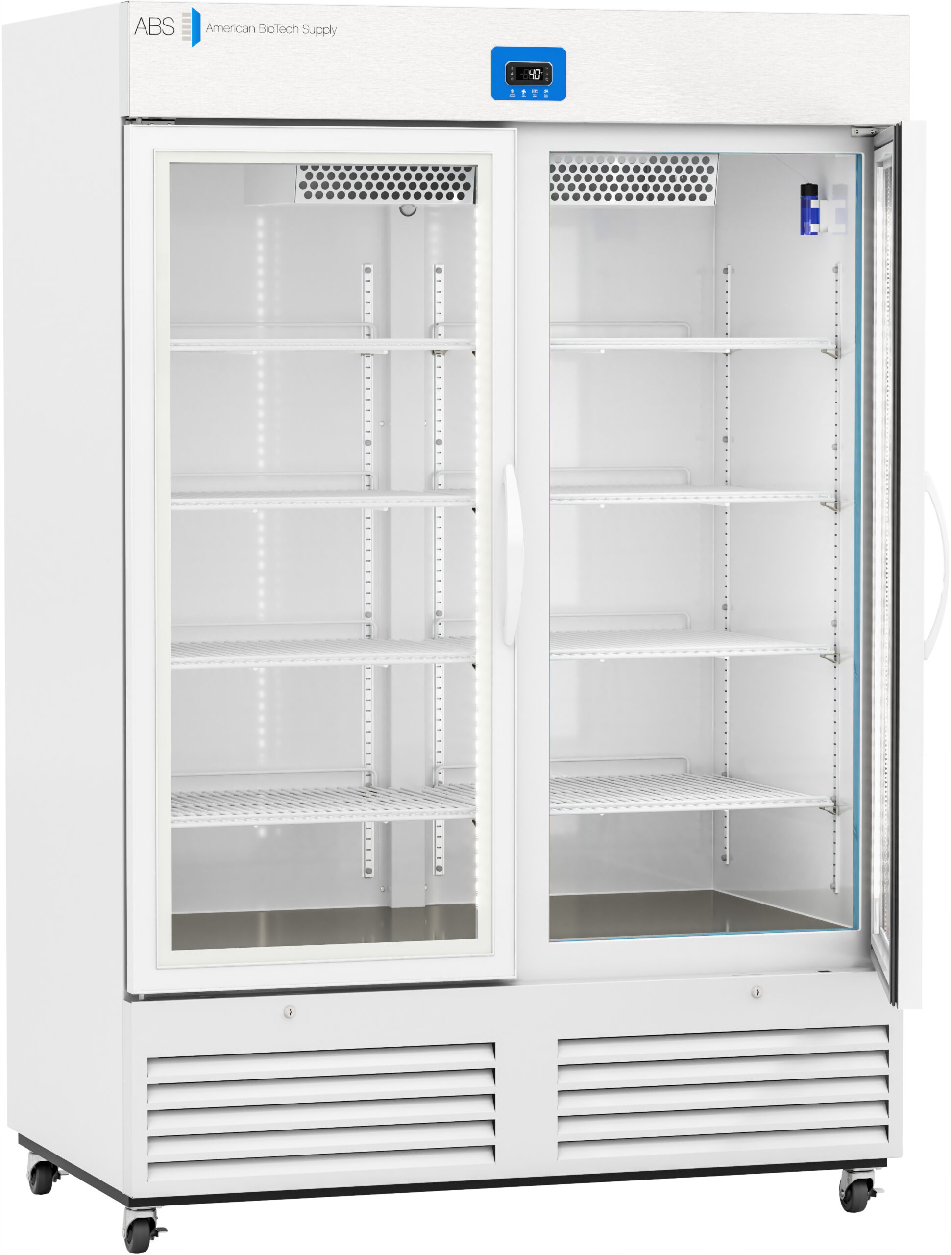 A white refrigerator with glass doors