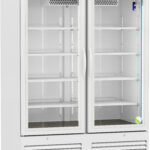 A white, double-door lab refrigerator with glass doors, multiple shelves, and a digital temperature display showing 4.0°C. The unit stands on small wheels and has ventilation grilles at the bottom. The interior is well-lit with vertical LED strips.