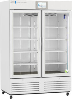 A white, double-door lab refrigerator with glass doors, multiple shelves, and a digital temperature display showing 4.0°C. The unit stands on small wheels and has ventilation grilles at the bottom. The interior is well-lit with vertical LED strips.