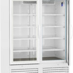A large, white, commercial refrigerator with two clear sliding glass doors, five adjustable shelves, and a digital temperature display on top showing 4.0°C. The unit is empty and clean, designed for laboratory or medical use.