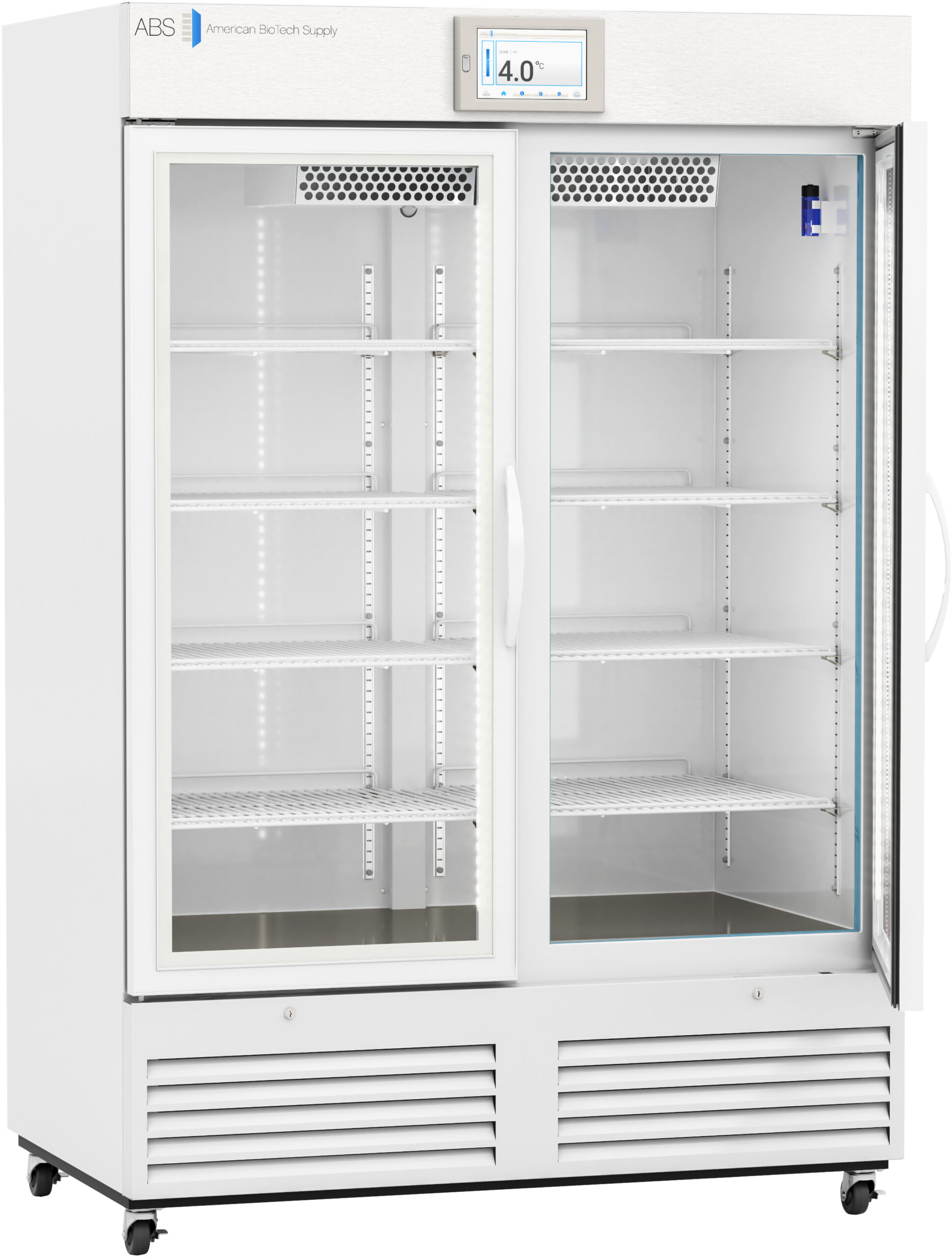 A large, white, commercial refrigerator with two clear sliding glass doors, five adjustable shelves, and a digital temperature display on top showing 4.0°C. The unit is empty and clean, designed for laboratory or medical use.