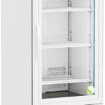 A tall, white medical refrigerator on wheels with a glass door, three adjustable shelves, a digital temperature display at the top, and interior LED lighting. The ABS logo is on the upper left, and the door has a large handle on the left side.