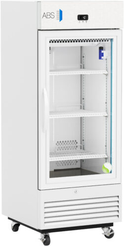 A tall, white medical refrigerator on wheels with a glass door, three adjustable shelves, a digital temperature display at the top, and interior LED lighting. The ABS logo is on the upper left, and the door has a large handle on the left side.