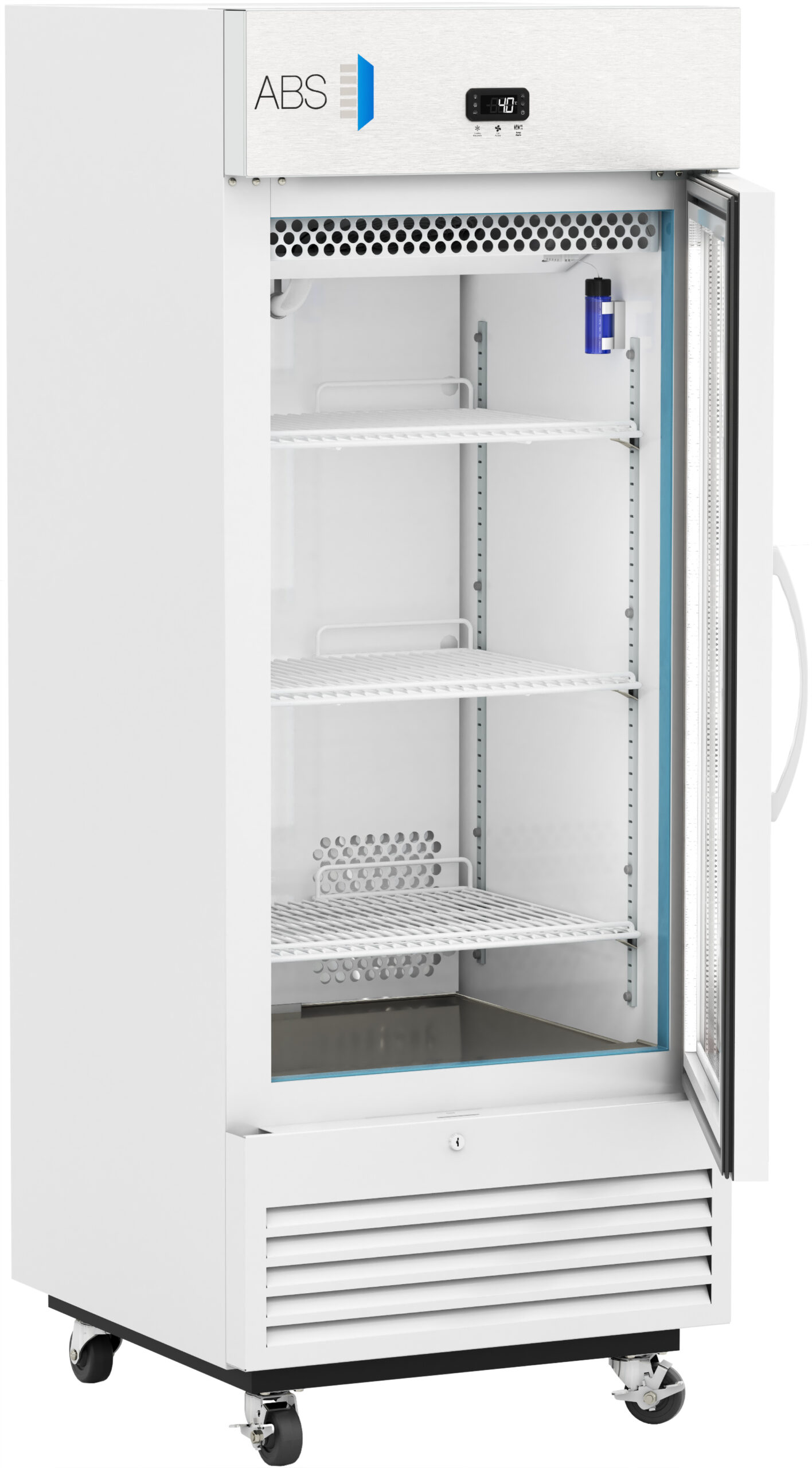 A tall, white laboratory refrigerator with a glass door is open, showing three adjustable wire shelves and a blue thermometer inside. The fridge has a digital display reading -40°C and is on four wheels. The brand ABS is visible on the upper left corner.