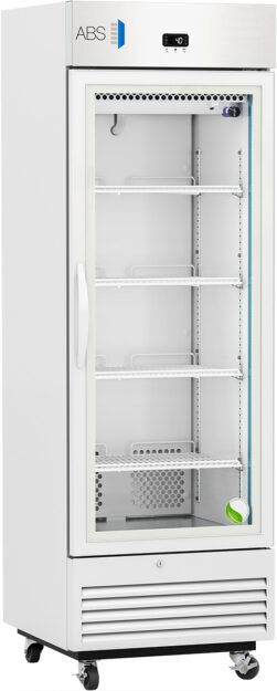 A tall, white, commercial refrigerator with a glass door, four adjustable wire shelves, ventilation grilles at the bottom, and wheels for mobility. The display shows the temperature. The ABS logo is on the upper left corner of the front panel.