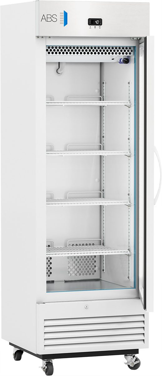 A tall, white laboratory refrigerator with a glass door, digital temperature display, four adjustable metal shelves, side handle, ventilation grill at the bottom, and four wheels for mobility. The interior is empty and well-lit.