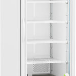 A white upright laboratory refrigerator with a glass door, five adjustable interior shelves, a digital temperature display, a vent at the bottom, and caster wheels. The unit is empty and well-lit, designed for scientific or medical storage.