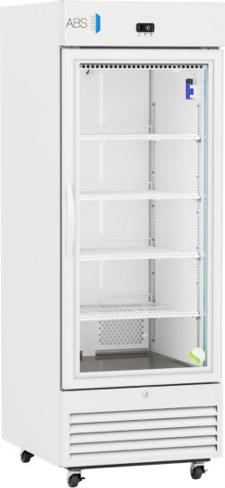 A white upright laboratory refrigerator with a glass door, five adjustable interior shelves, a digital temperature display, a vent at the bottom, and caster wheels. The unit is empty and well-lit, designed for scientific or medical storage.