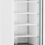 A tall, white, upright laboratory refrigerator with a transparent door, digital temperature display, five adjustable wire shelves, ventilation slots at the bottom, caster wheels, and a blue ABS logo on the upper left front corner. The fridge is empty.