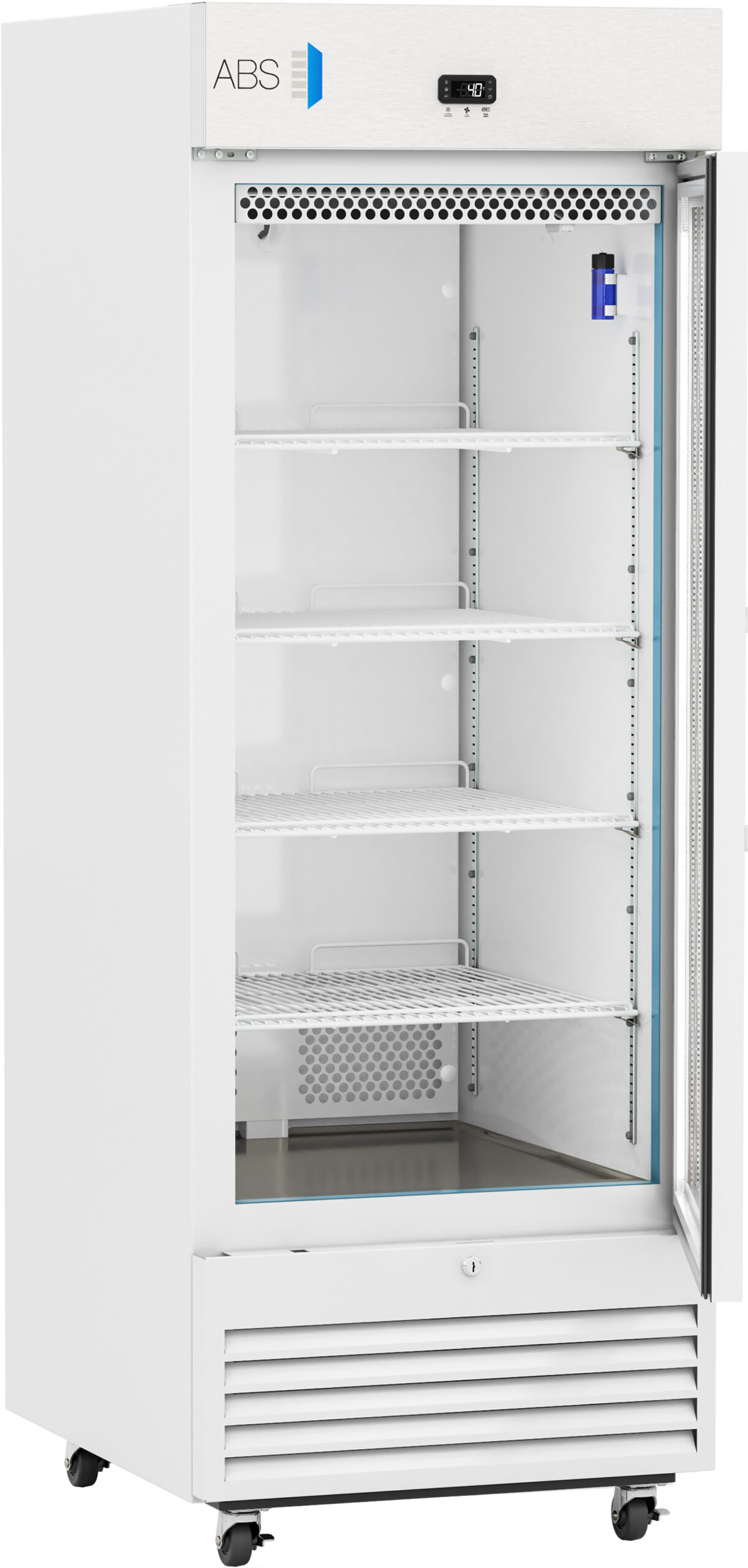 A tall, white, upright laboratory refrigerator with a transparent door, digital temperature display, five adjustable wire shelves, ventilation slots at the bottom, caster wheels, and a blue ABS logo on the upper left front corner. The fridge is empty.