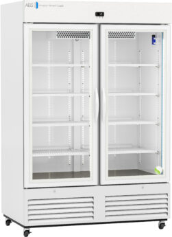 A large, white, double-door commercial refrigerator with glass doors, empty adjustable shelves, and a digital temperature display at the top. The logo “ABS American Biotech Supply” is visible on the top left corner of the unit.