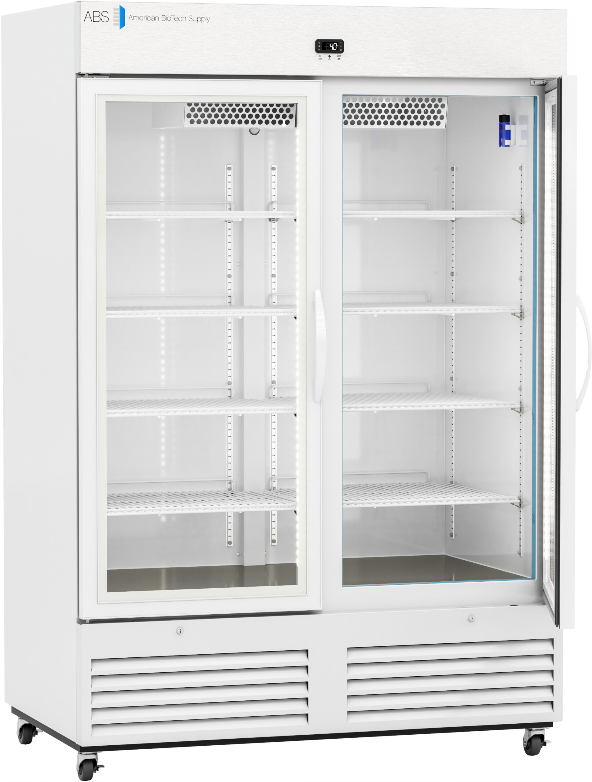 A large, white commercial refrigerator with glass double doors, interior shelves, and a digital temperature display at the top. The fridge sits on wheels and has ventilation grilles at the bottom, showing it is empty and clean inside.