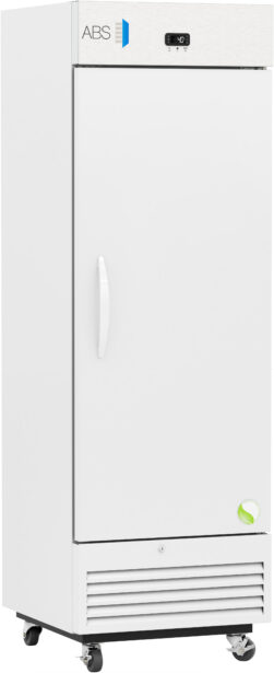 A tall, white laboratory refrigerator with a digital temperature display on top, a vertical handle, ventilation slots near the bottom, and wheels for mobility. The brand “ABS” is marked near the top left corner of the door.