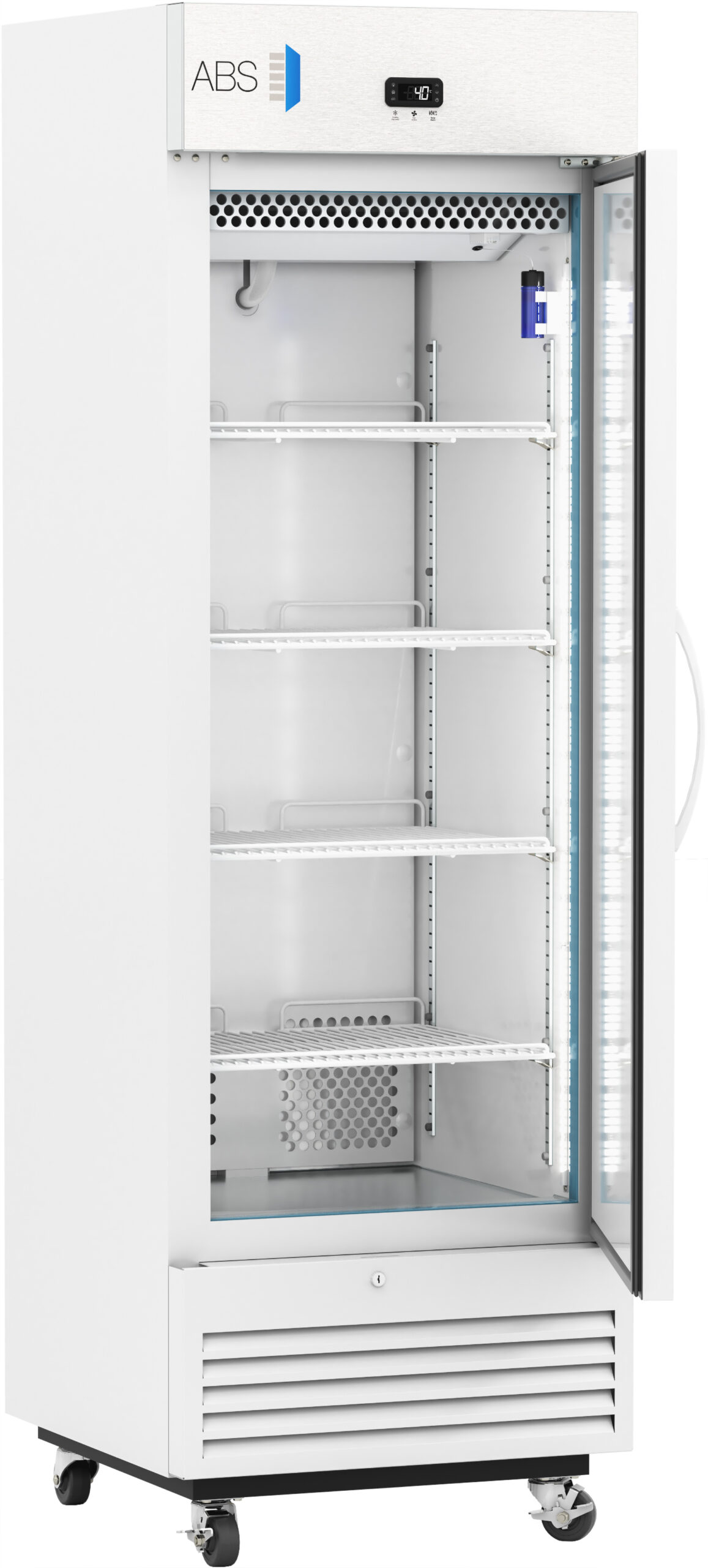 A tall, white laboratory refrigerator with a glass door stands open, revealing five adjustable wire shelves inside. The control panel is at the top, and the unit sits on four caster wheels for mobility. The interior is well-lit with vertical LED lights.