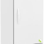 A tall, white upright laboratory refrigerator on wheels with a single door, a curved handle, a digital temperature display panel on the top, ventilation slats at the bottom, and a small green leaf logo near the lower right corner.