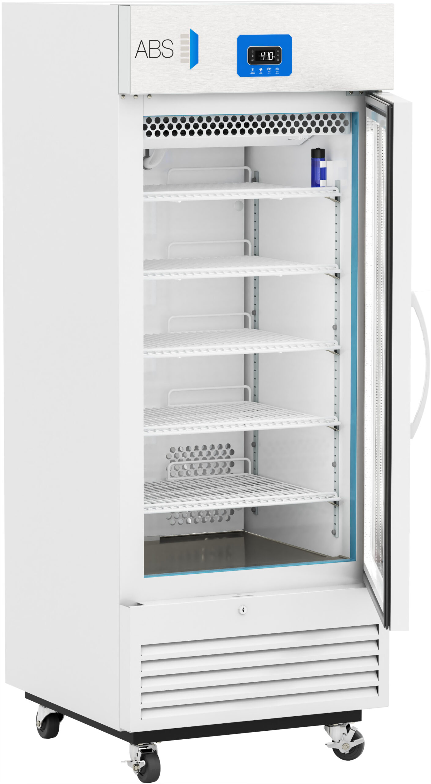 A tall, white laboratory refrigerator with a glass door stands open, revealing five empty wire shelves. The digital display at the top reads 4.0°C. A single small vial sits on the top shelf. The fridge is on wheels and has ventilation grilles at the bottom.