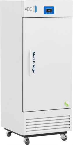 A tall, white medical refrigerator on wheels labeled Med Fridge. It has a digital temperature display at the top, a vertical handle on the right side, ventilation panels at the bottom, and a green circular sticker near the lower right corner.