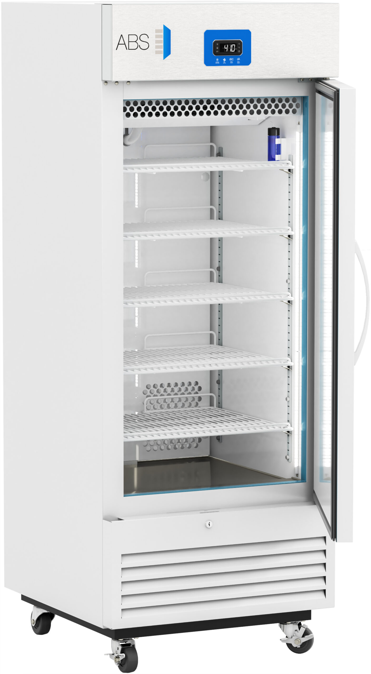 A white laboratory refrigerator with a glass door is open, revealing five empty wire shelves. The digital temperature display above the door reads 4.0°C. The unit is on wheels and has a storage drawer at the bottom. One blue vial sits on the top shelf.