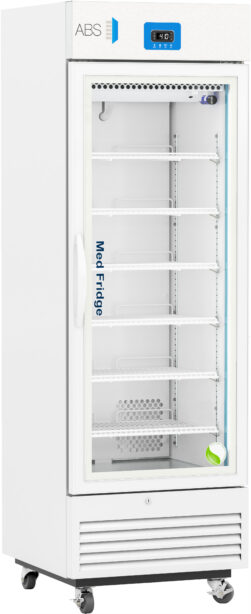 An upright medical refrigerator with a glass door, digital temperature display, white exterior, five adjustable metal shelves, interior lighting, and caster wheels at the base. The door is labeled “Med Fridge” and the current temperature reads 3.4°C.