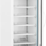 A tall, white, single-door commercial refrigerator with glass front, six adjustable wire shelves, digital temperature display at the top, vented panel at the bottom, and mounted on four caster wheels. The refrigerator is empty and the door is open.