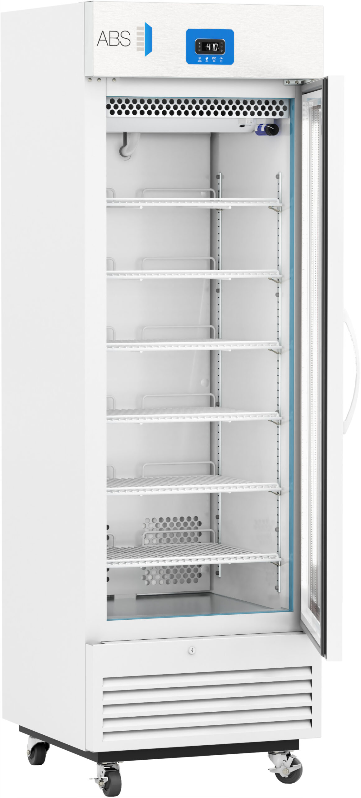 A tall, white, single-door commercial refrigerator with glass front, six adjustable wire shelves, digital temperature display at the top, vented panel at the bottom, and mounted on four caster wheels. The refrigerator is empty and the door is open.