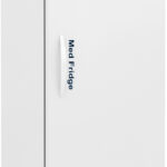 A tall, white medical refrigerator labeled Med Fridge with a single handle on the left, a digital temperature display on the upper door, ventilation at the bottom, small wheels for mobility, and a blue ABS logo on top.