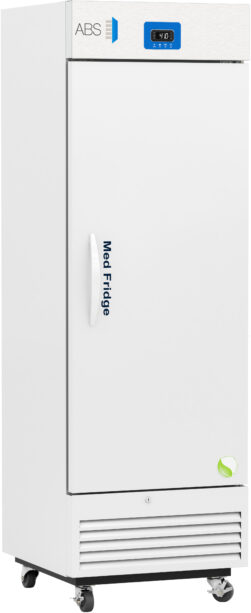 A tall, white medical refrigerator labeled Med Fridge with a single handle on the left, a digital temperature display on the upper door, ventilation at the bottom, small wheels for mobility, and a blue ABS logo on top.