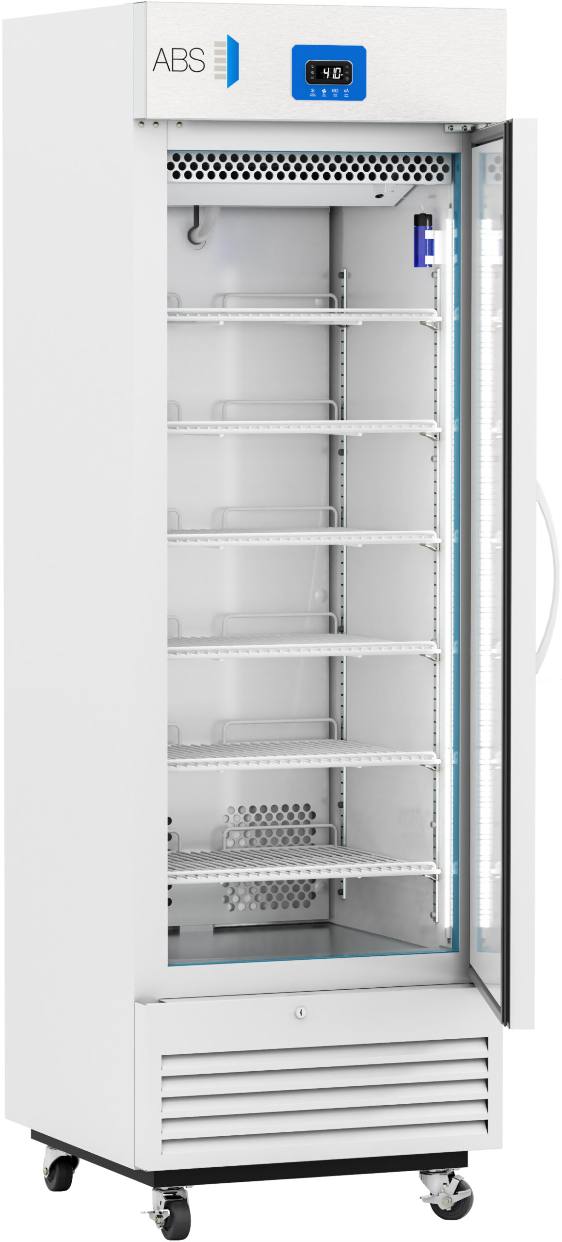 A tall, white laboratory refrigerator with a transparent glass door, digital temperature display, six wire shelves, ventilation slots, and caster wheels. The fridge is empty and the door is slightly open, showing the clean interior and shelving.