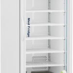 A tall, white medical refrigerator with a glass front door, digital temperature display, seven adjustable wire shelves, ventilation slots at the bottom, and caster wheels. The words Med Fridge are printed on the inside of the door.