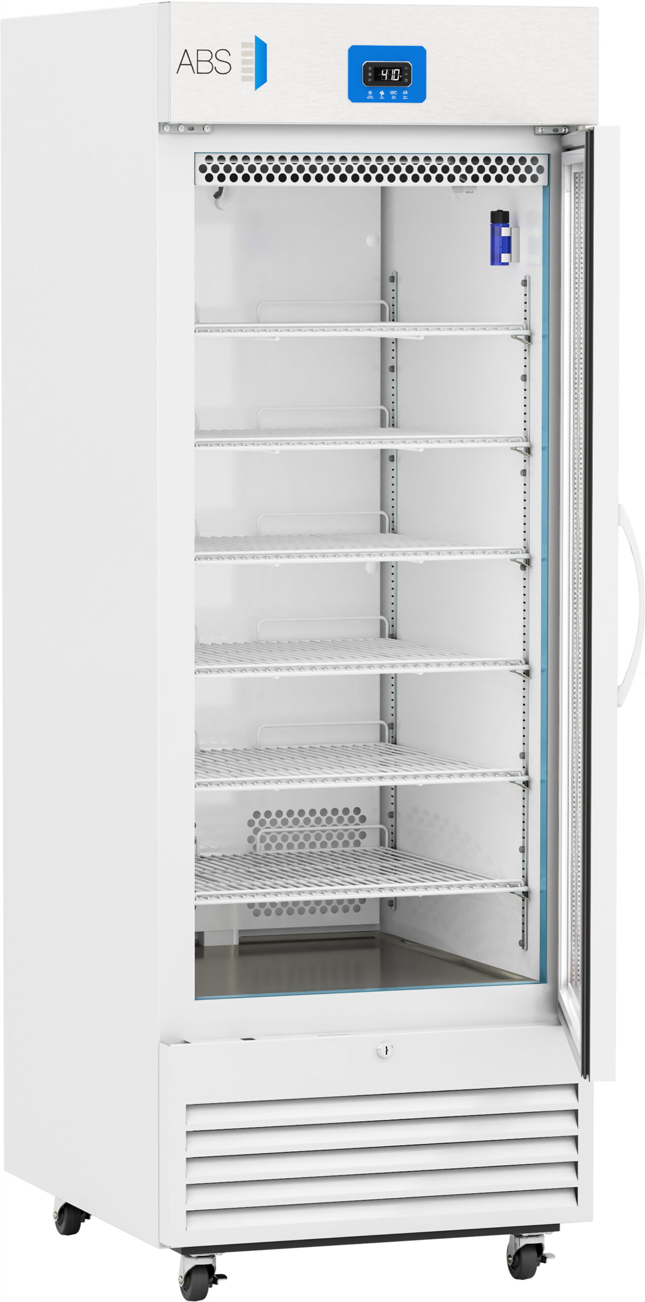A tall, white, upright laboratory refrigerator with a glass door, several empty metal shelves, a digital temperature display, and the letters “ABS” on the top front. The unit stands on four caster wheels.