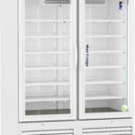 A large, white, commercial refrigerator with glass double doors, labeled “Med Fridge.” The fridge has multiple empty shelves inside, a digital temperature display on top, vents at the bottom, and is set on caster wheels for mobility.